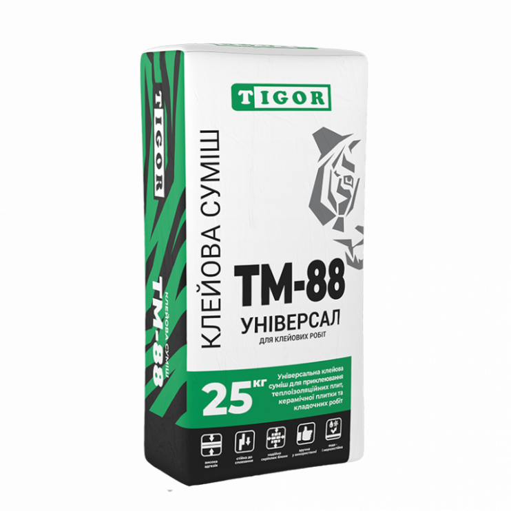 Клейова суміш для приклеювання теплоізоляційних плит, керамічної плитки та кладочних робіт ТМ-88 УНІВЕРСАЛ, TIGOR, (25 кг), сіра